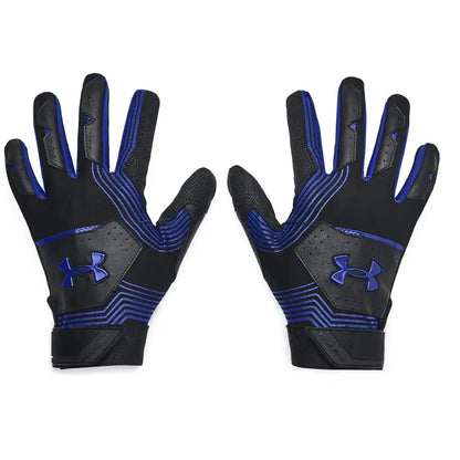 Pair of black and blue Under Armour batting gloves with HeatGear® fabric for hands cool