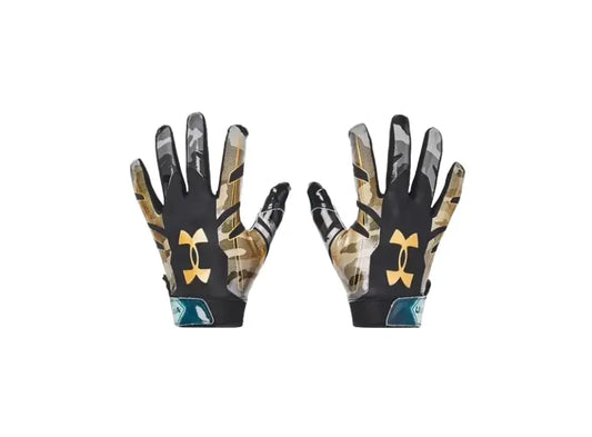 Pair of camouflage Under Armour football gloves in black, green breeze, and white