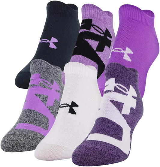 Six pairs of Under Armour Womens Essential 2.0 No Show Socks in Exotic Bloom and Crystal Lilac