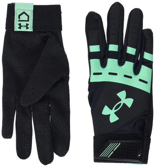 Black and mint green Under Armour Womens Radar Softball Gloves with batting gloves