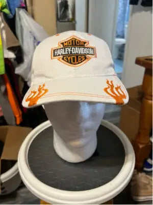 White Harley-Davidson baseball cap with orange flame embroidery for unisex style