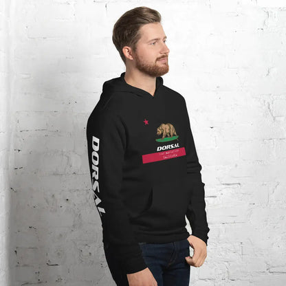 Black dorsal unisex hoodie with California flag design, white sleeve text, made from airlume combed ring-spun cotton
