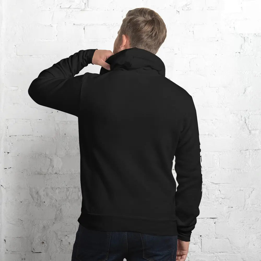Unisex hoodie in black with fleece material, ribbed cuffs, waistband, and airlume combed ring-spun cotton