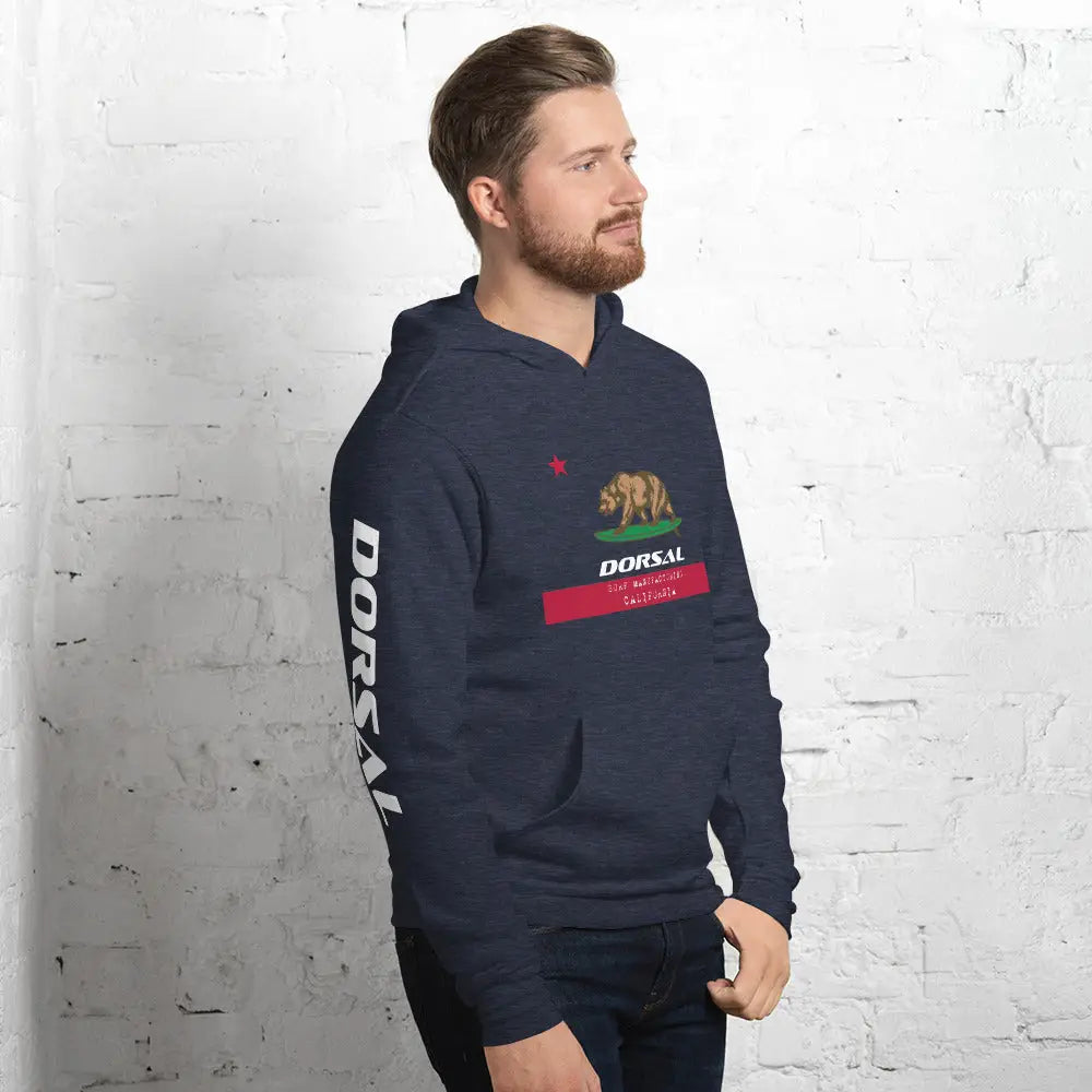 Navy blue unisex hoodie with California flag design and Dorsal branding on sleeve