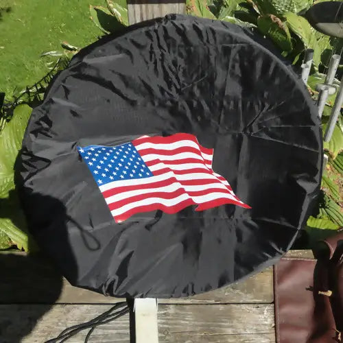 Black satellite dish cover with USA flag imprint and American flag design