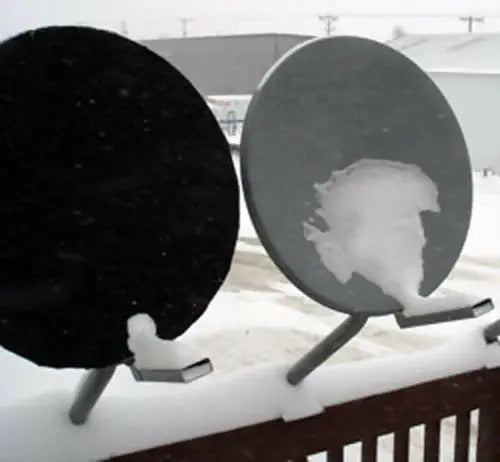 Snow-covered satellite dishes with usa flag imprint on universal satellite dish cover