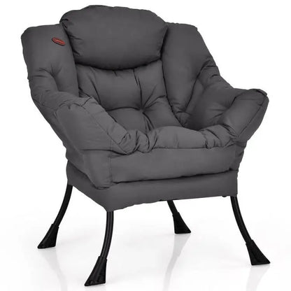 Charcoal gray cushioned accent chair with black metal legs and red backrest detail