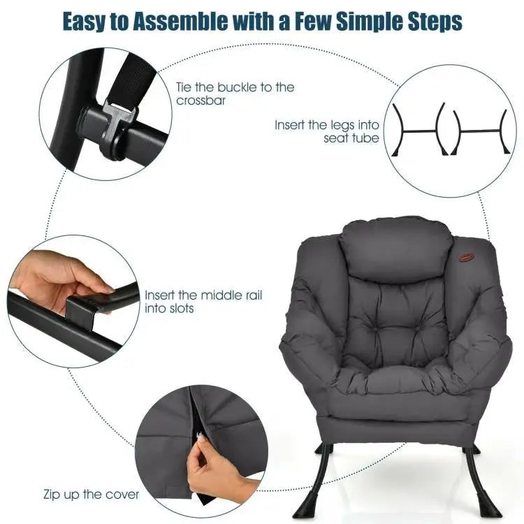 Grey polyester fabric cushioned accent chair with metal frame and side pocket for comfort