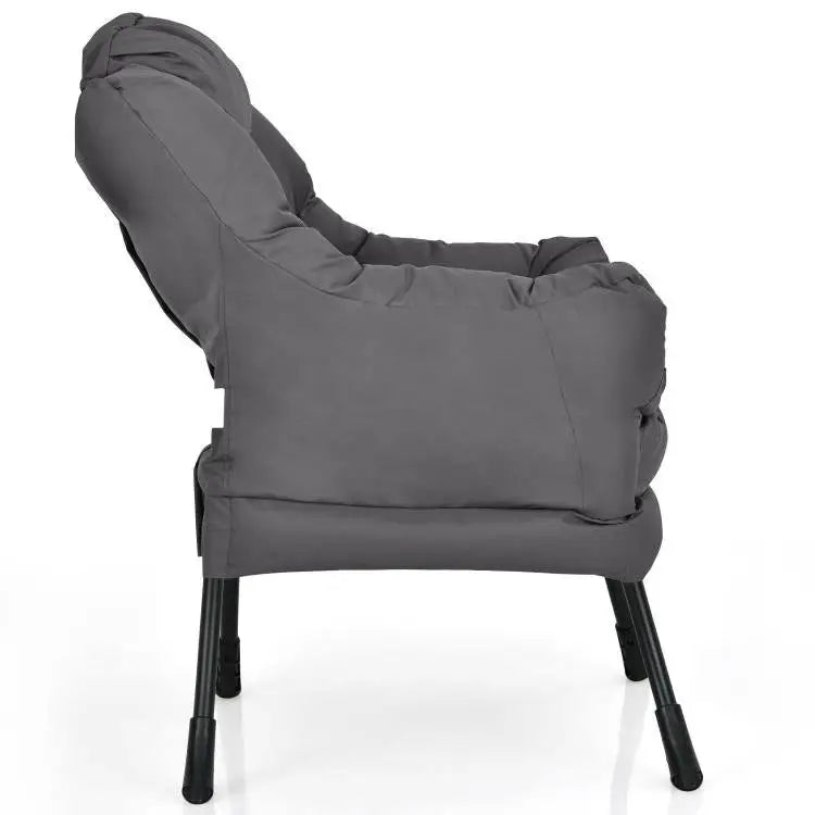 Gray cushioned accent chair with polyester fabric, black legs, and armrests for relaxation