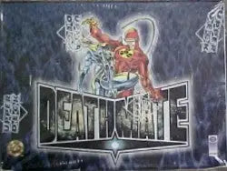 Stylized Deathmate logo with superhero figure on Upper Deck trading cards box