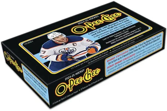 2024-25 O-Pee-Chee Hockey card box featuring base set and rainbow foil designs