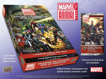 Marvel Annual trading card box by Upper Deck showcasing dynamic superhero action