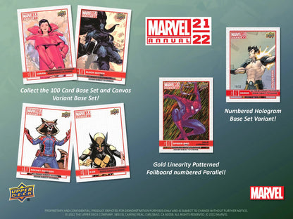 Advertisement for Upper Deck Marvel Annual 2021-22 Hobby Box trading cards featuring superheroes