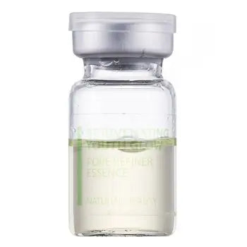 Glass vial with light yellow liquid and green layer for Rejuvenating Youth Glow Pore Refiner Essence, fine anti-acne skincare