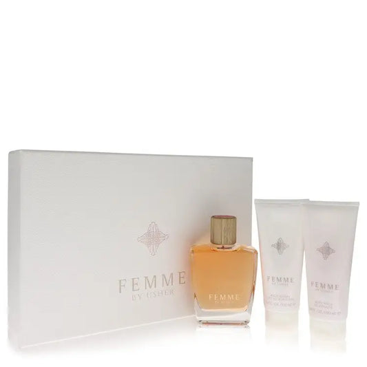 Usher Femme gift set with shower gel, body lotion, and Eau De Parfum spray in a white box