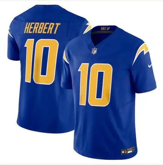 Blue and gold Justin Herbert Los Angeles Chargers Nike Vapor F.U.S.E. Limited Jersey with HERBERT 10 on back