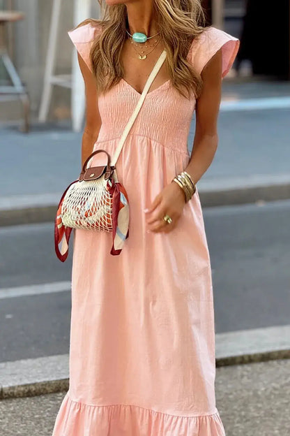 V Neck Ruffled Cap Sleeve Smocked Maxi Dress - dress