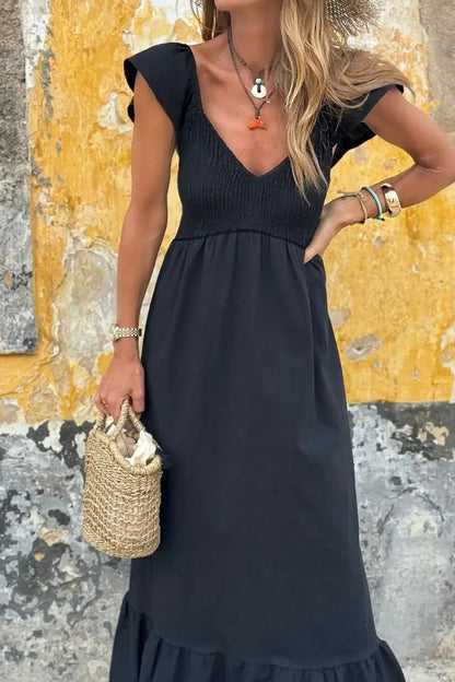 V Neck Ruffled Cap Sleeve Smocked Maxi Dress - dress