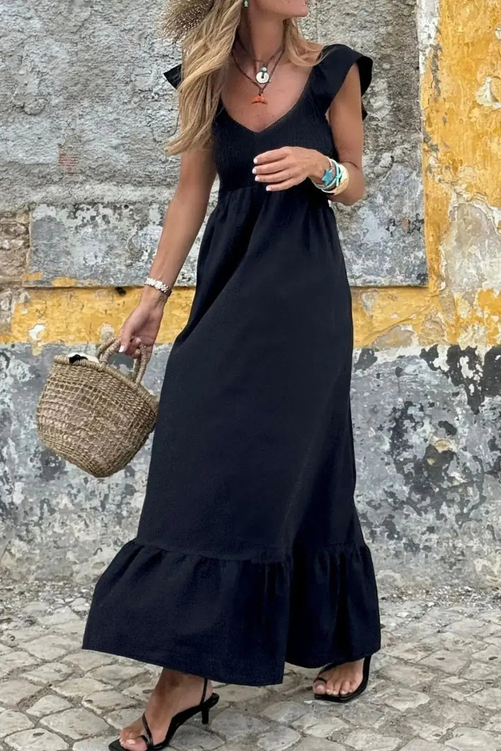 V Neck Ruffled Cap Sleeve Smocked Maxi Dress - dress