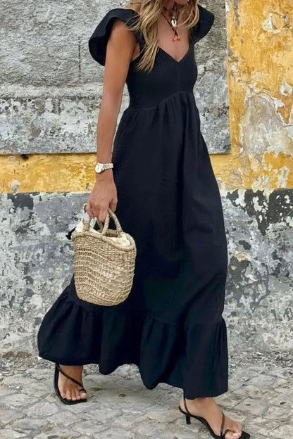 V Neck Ruffled Cap Sleeve Smocked Maxi Dress - Black / S - dress
