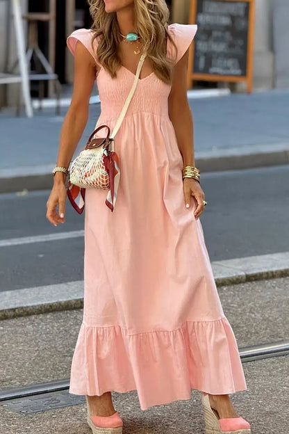 V Neck Ruffled Cap Sleeve Smocked Maxi Dress - Watermelon pink / L - dress