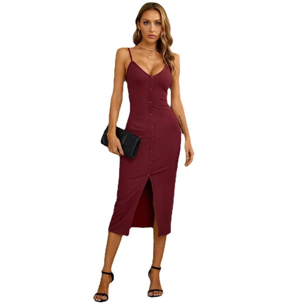 Burgundy spaghetti strap midi dress with button front and high slit for split bodycon holiday party