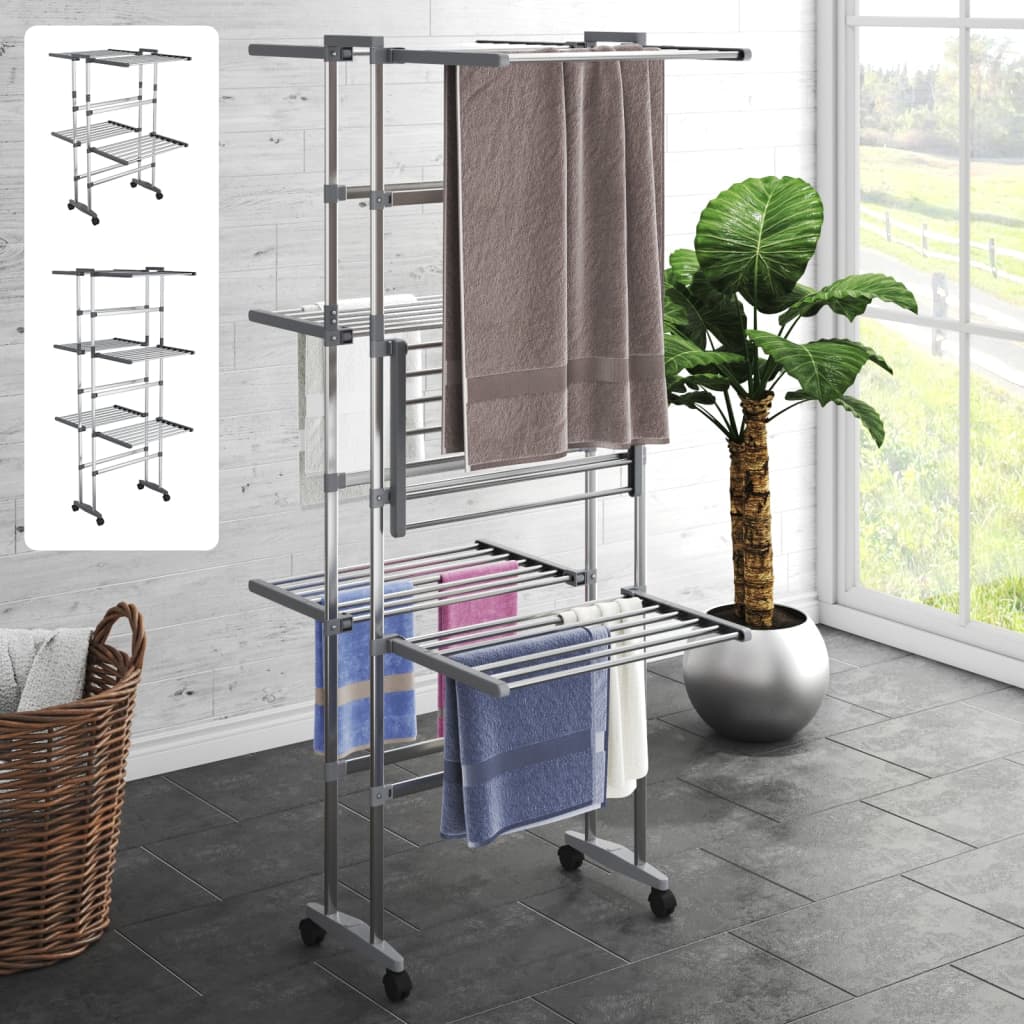 vidaXL Clothes Hanger Foldable Clothes Drying Rack Stand with Wheels Silver-3