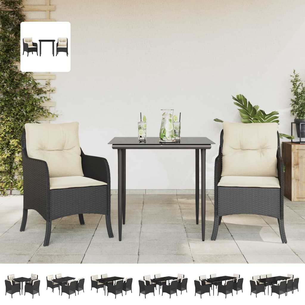 vidaXL 3 Piece Patio Dining Set with Cushions Black Poly Rattan-1