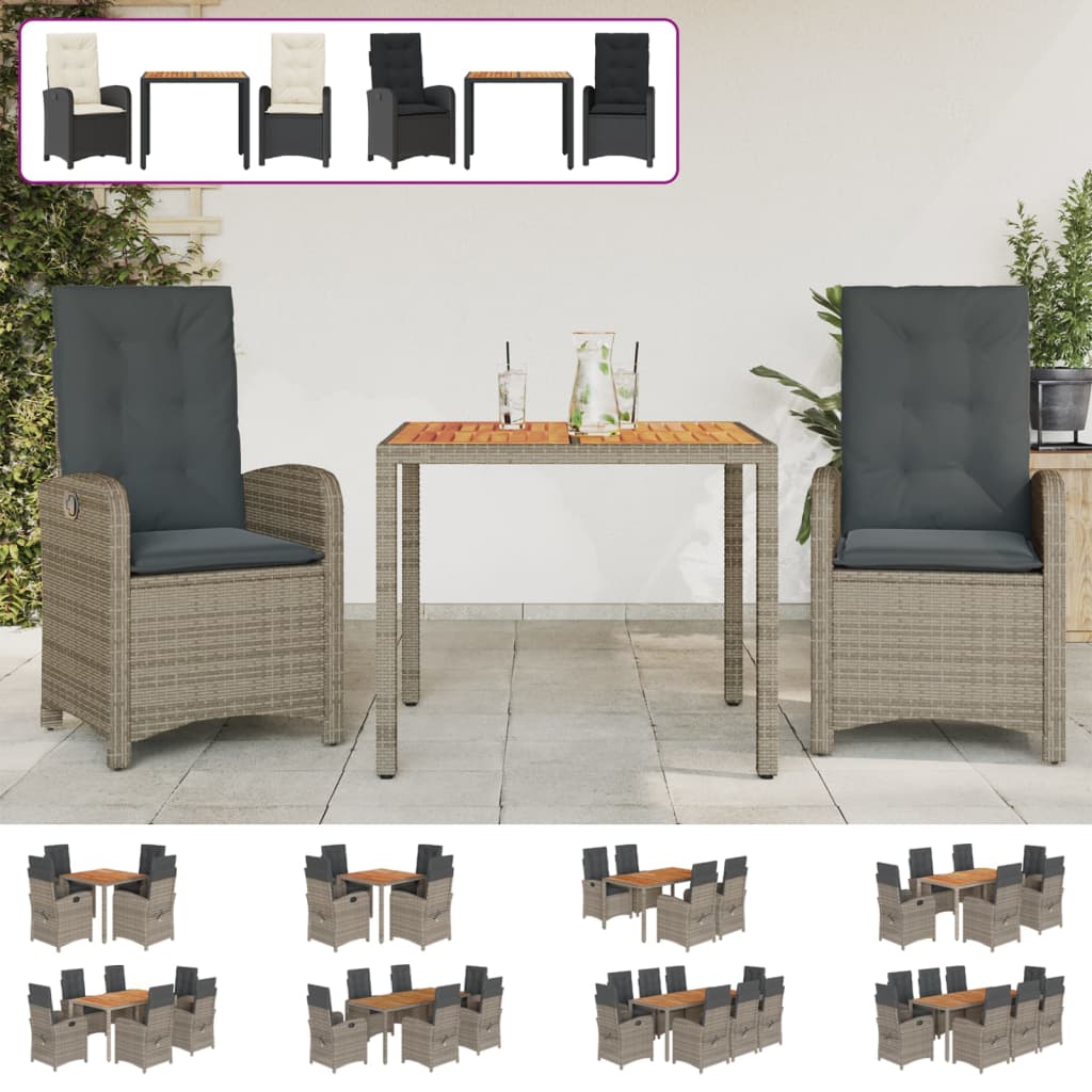 vidaXL 3 Piece Patio Dining Set with Cushions Black Poly Rattan-1