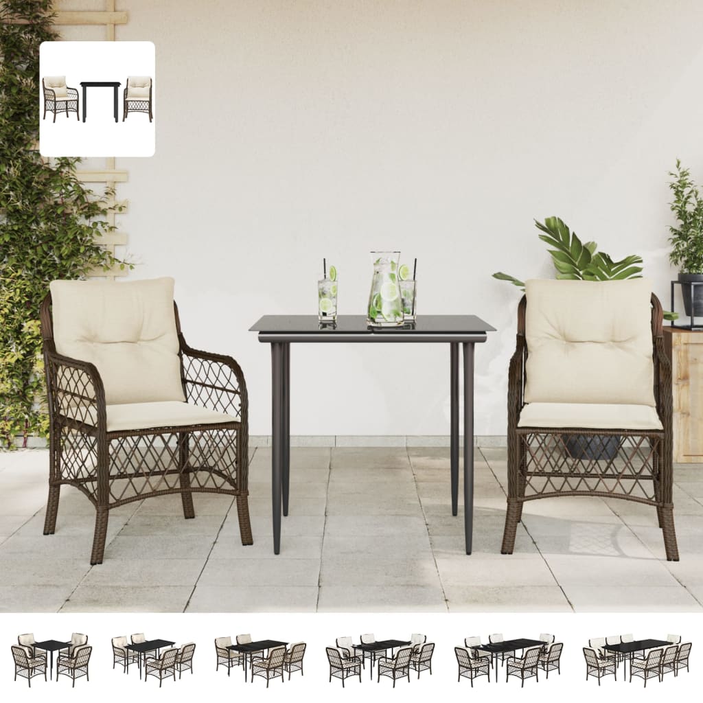 vidaXL 3 Piece Bistro Set with Cushions Brown Poly Rattan-1
