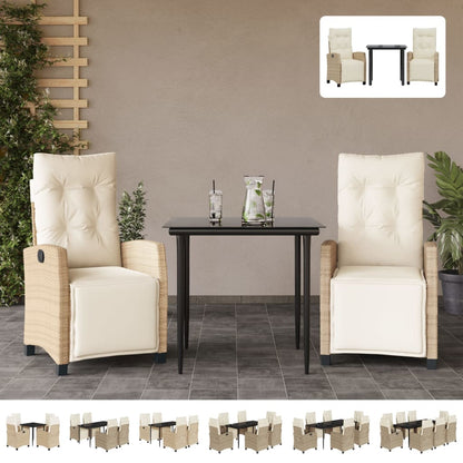 vidaXL 3 Piece Patio Dining Set with Cushions Beige Poly Rattan-1