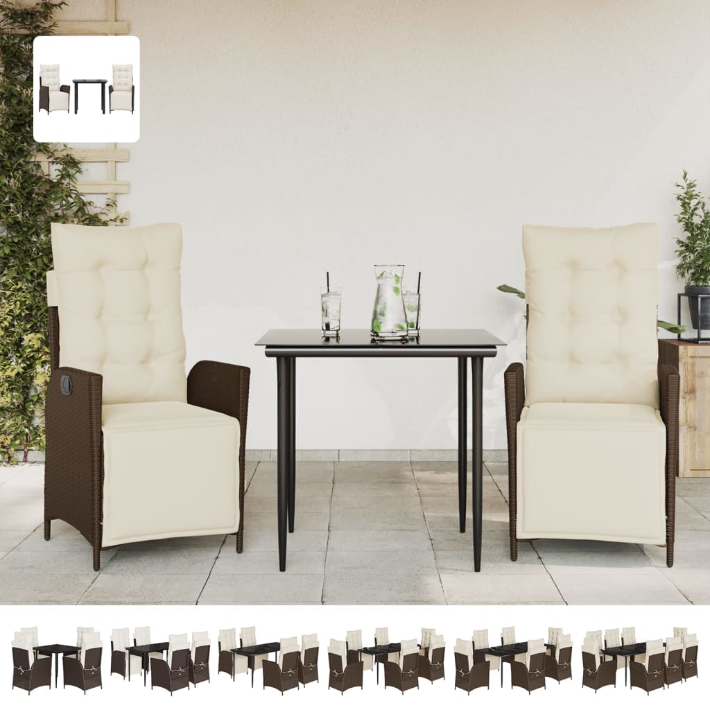 vidaXL 3 Piece Patio Dining Set with Cushions Brown Poly Rattan-1