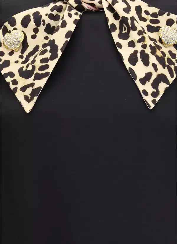 Valentino black Crepe Couture Short Dress with leopard print collar and heart embellishments