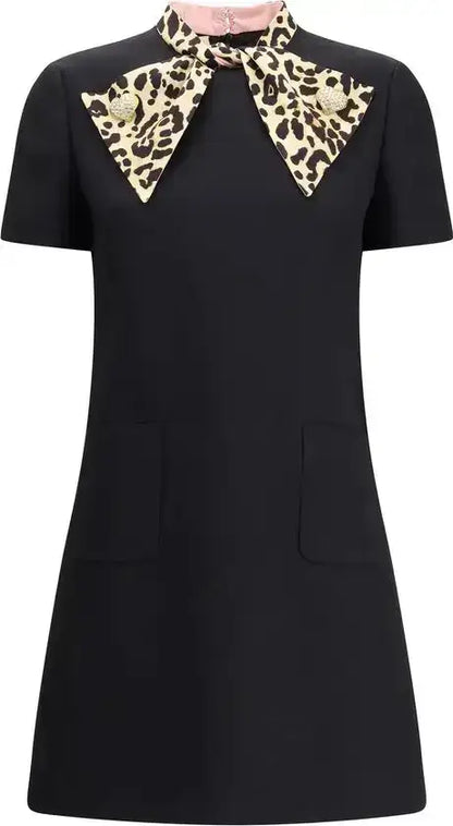 Valentino black Crepe Couture Short Dress with pink collar and leopard-print necktie