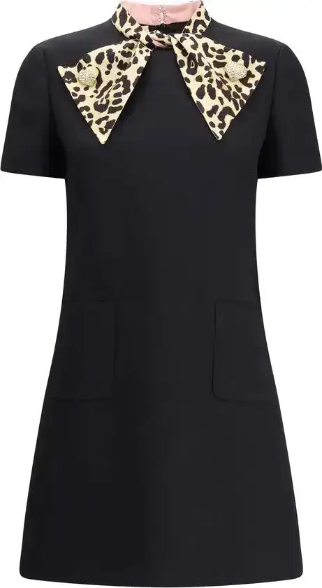 Valentino black Crepe Couture Short Dress with pink collar and leopard-print necktie