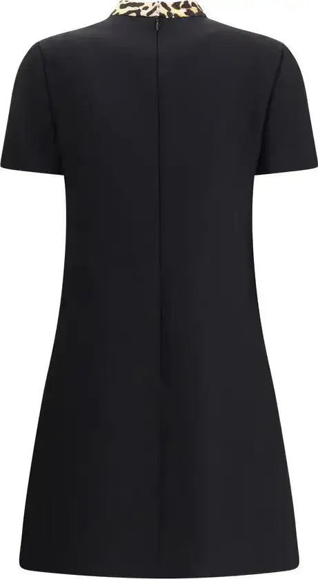 Valentino black Crepe Couture Short Dress with leopard print collar for elegant style