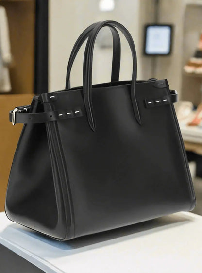 Black leather Antibes handbag with top handles and white decorative stitching