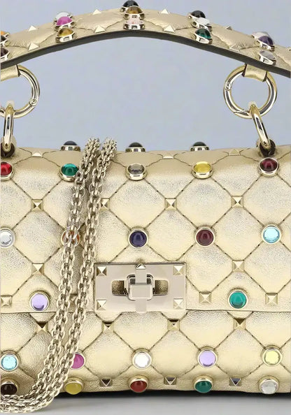 Gold quilted leather Valentino Garavani Rock Stud Spike small handbag with colorful jewel embellishments