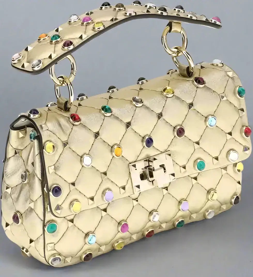 Quilted gold leather Valentino Garavani Rock Stud Spike small handbag with colorful studded gems