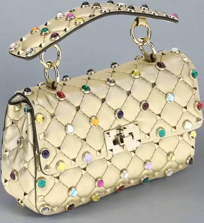 Quilted gold leather Valentino Garavani Rock Stud Spike small handbag with colorful studded gems