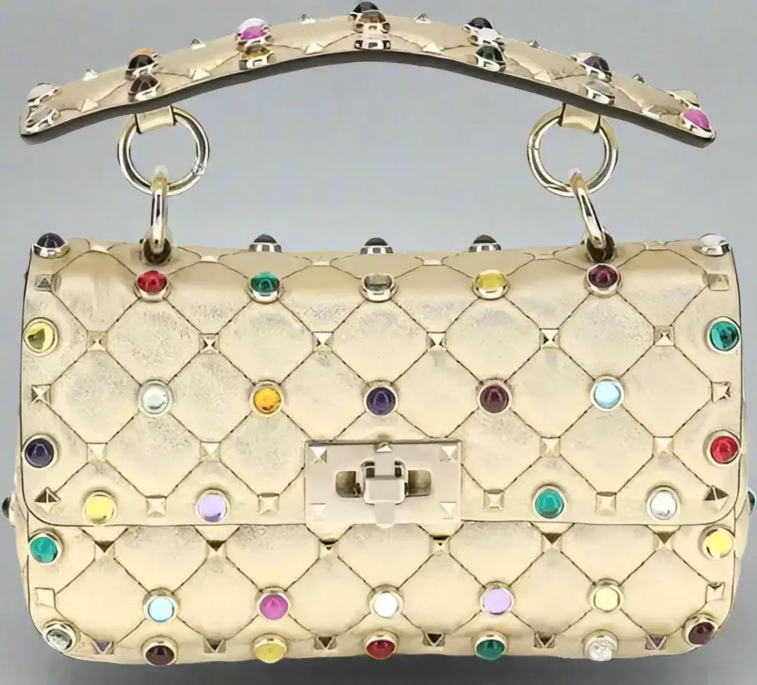 Valentino Garavani Gold Rock Stud Spike Small Handbag with colorful studs and top handle
