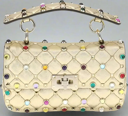 Valentino Garavani Gold Rock Stud Spike Small Handbag with colorful studs and top handle