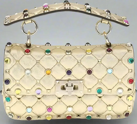 Valentino Garavani Gold Rock Stud Spike Small Handbag with colorful studs and top handle