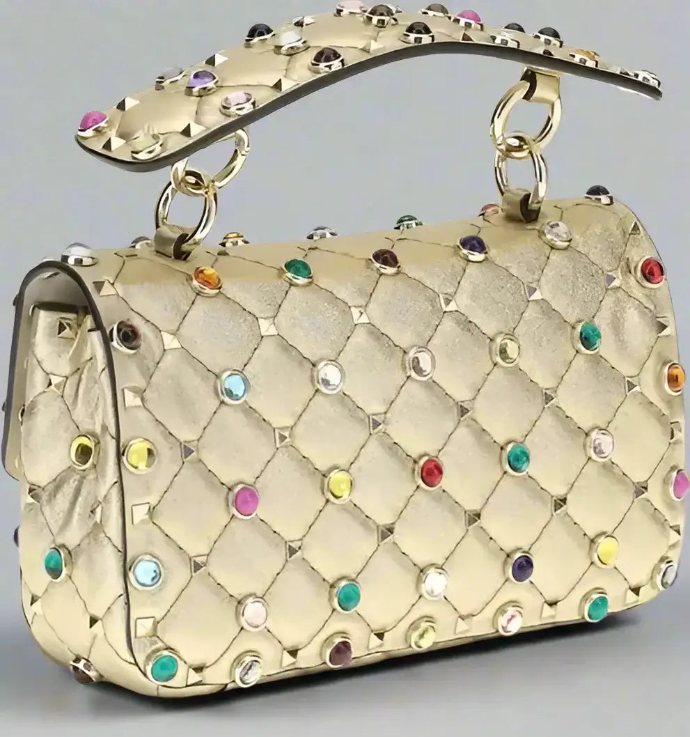 Quilted gold Valentino Garavani Rock Stud Spike small handbag with multicolored studs