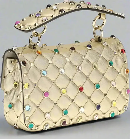 Quilted gold Valentino Garavani Rock Stud Spike small handbag with multicolored studs