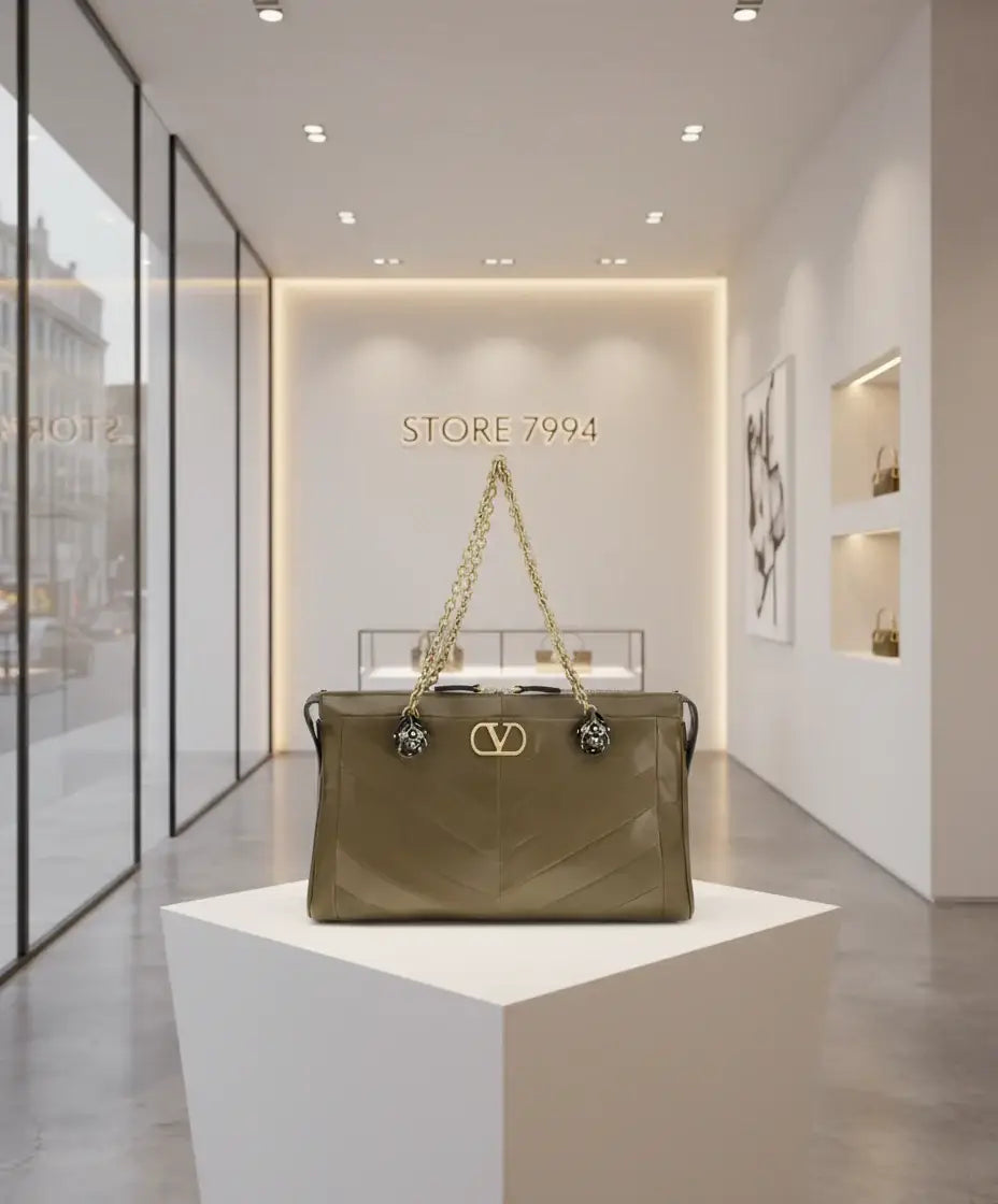 Olive green patent leather Valentino Garavani Panthea Bag with gold chain and floral charms