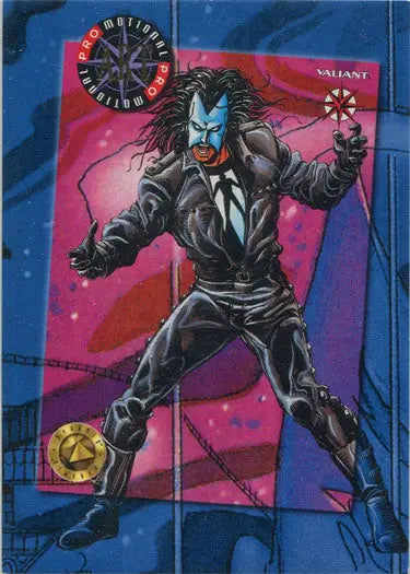 Muscular comic book character with blue face paint in black suit on promotional art card