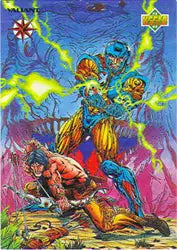 Colorful battle scene with skeletal warriors on Valiant Era Series 1 promo card