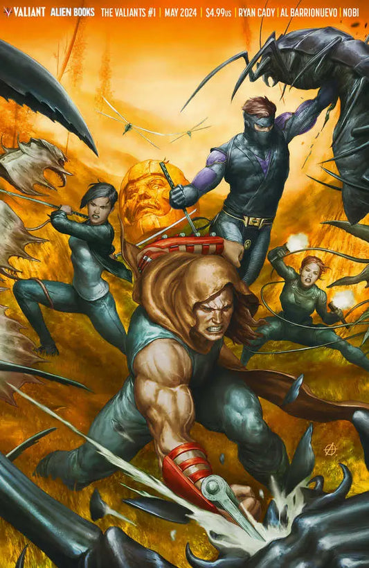 Comic book cover of Valiants 2024 warriors battling aliens in dynamic action poses