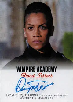 Promotional image of Dominique Tipper autograph card from Vampire Academy trading cards